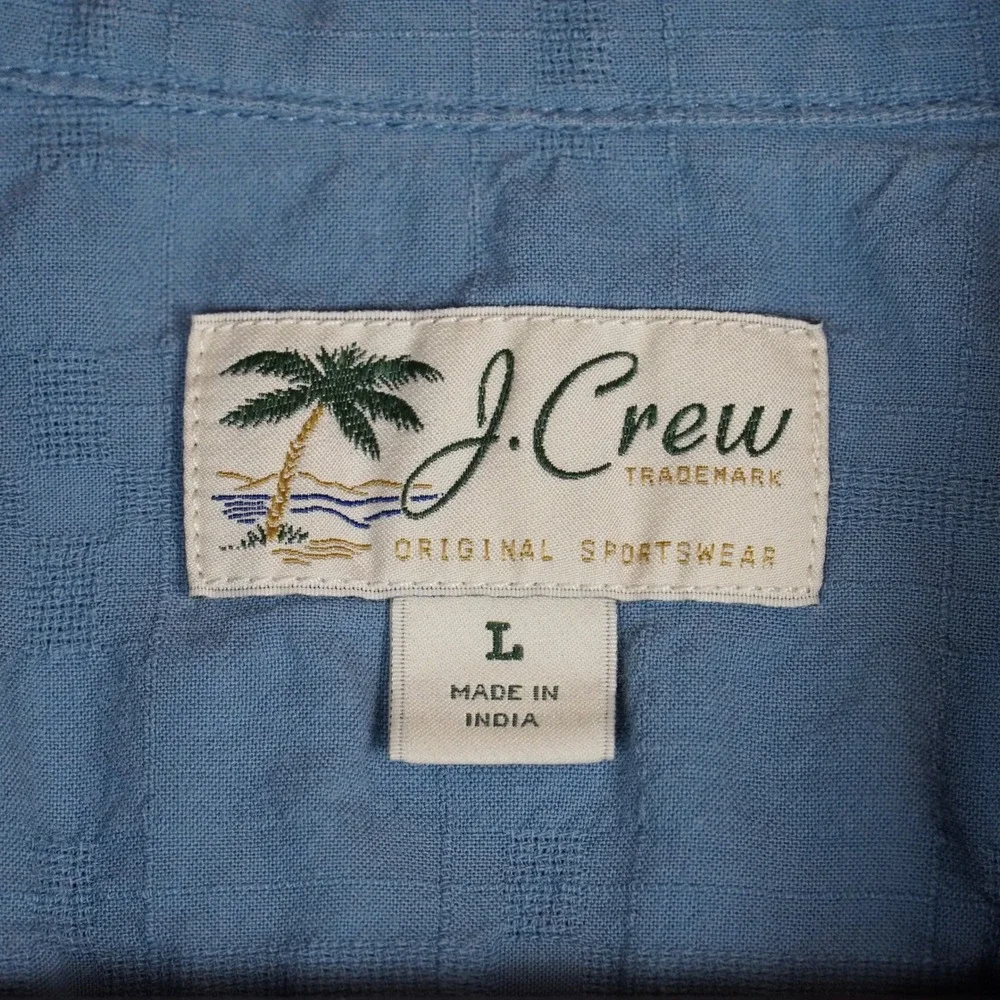 J. Crew Shirt Mens L Blue Textured Grid Short Sleeve Camp Collar Cotton Casual